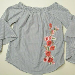 ROOMMATES Sz S Women OFF Shoulder STRIPE Flower EMBROIDER Flare ANGEL Sleeve TOP